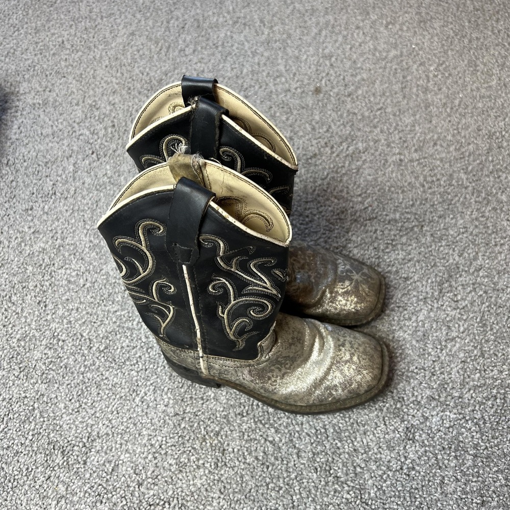 Old West Cowboy Boots girls size 13 Silver VB9110 Western‎ Square Toe Floral